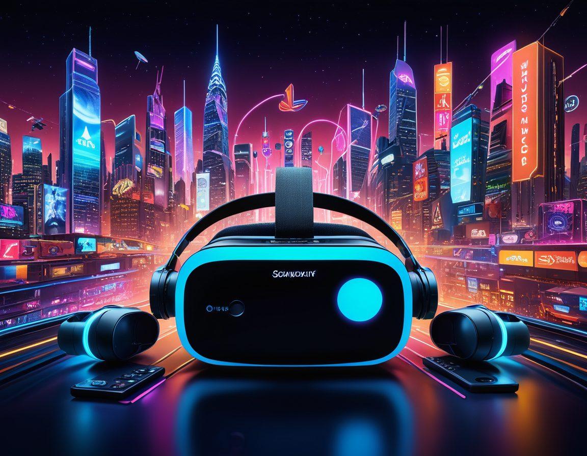 A dynamic collage showcasing iconic modern entertainment elements like virtual reality headsets, streaming services, and gaming consoles, all intertwined with vibrant social media icons. The background features a futuristic city skyline illuminated by neon lights, symbolizing current trends and innovation. Include playful graphics of trending movies and music notes floating around, creating a lively atmosphere. super-realistic. vibrant colors. 3D.