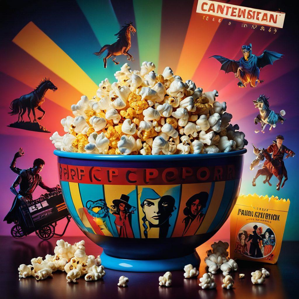 A vibrant collage showcasing iconic scenes from popular series, with characters from various genres like fantasy, thriller, and drama engaging in lively interactions. Include a film reel and popcorn in the foreground to emphasize the entertainment aspect. The background should be a gradient of rich colors to evoke excitement and nostalgia. super-realistic. vibrant colors. high detail.